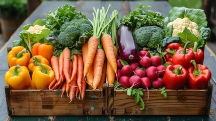 Colorful assortment of fresh vegetables in wooden crates at a farmer's market during the daytime
