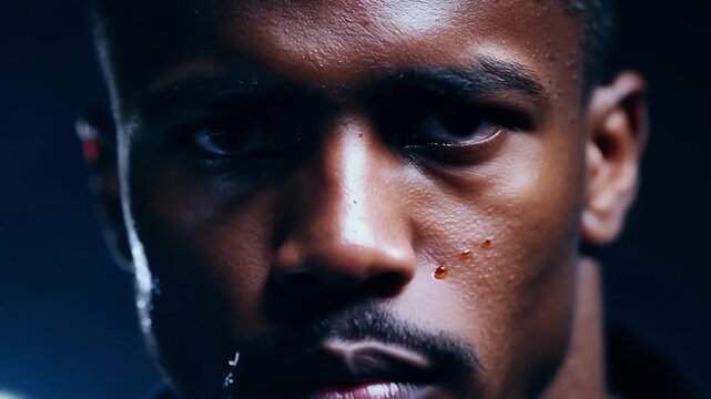 Determined young athlete with blood on his face shows strength and focus, inspiring others with his perseverance and power