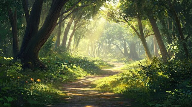 Enjoy the peaceful ambiance of a tranquil forest trail, where sunlight filters through the canopy