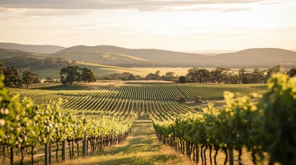 Fototapeta premium Experience the peaceful beauty of a rolling vineyard, with rows of grapevines stretching across the landscape