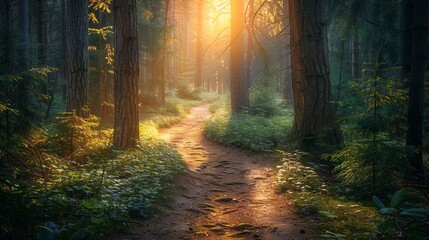 Obraz premium A sunlit path winds through a lush, green forest. Golden light filters through the trees, creating a mystical atmosphere.