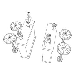 Bar counter with stools, bar top with bottles and glasses. Wireframe low poly mesh vector illustration.