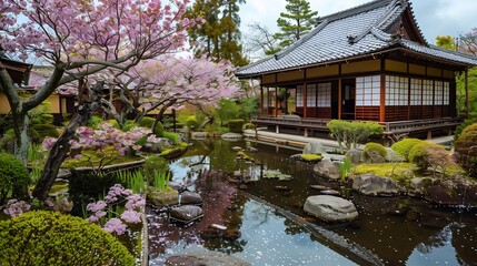 Obraz premium Traditional Japanese Garden with Cherry Blossoms and Pond