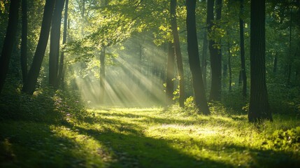 Obraz premium Sunbeams Filtering Through Trees in a Forest Clearing
