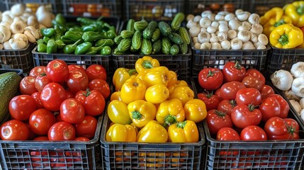 Fresh vegetables displayed in baskets at a local market during the afternoon