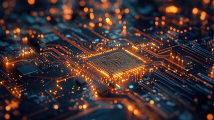 A close-up shot of a circuit board with glowing orange lights.
