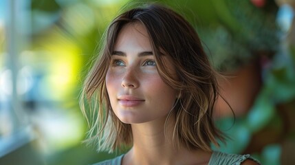 Candid shot of a woman with short hair in a tropical setting