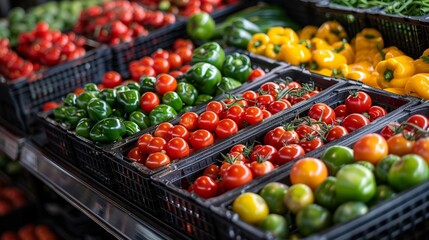 Fresh produce display in a market showcasing various tomatoes and peppers during daylight hours