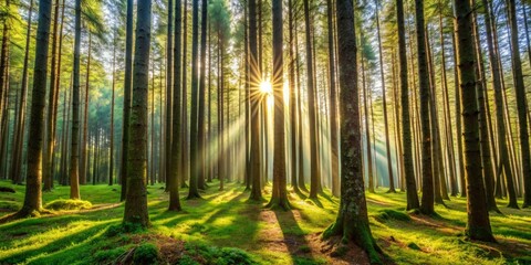 Sunlight filtering through dense trees in an Italian forest, Sun, trees, forest, Italy, nature, sunlight, beams, foliage