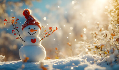 Obraz premium A happy snowman standing in a snowy landscape, wearing a red Santa hat and scarf, holding a broom, with white trees and falling snowflakes in the background.