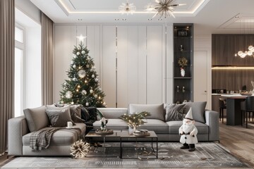 modern living room decorated for Christmas, tall tree with white lights and silver stars