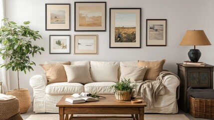 Cozy Living Room with White Sofa, Wooden Coffee Table, and Framed Artwork