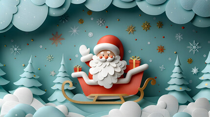 Cheerful Santa Claus Waving from His Whimsical Paper Sleigh in Snowy Landscape with Trees and Presents