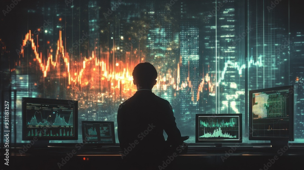 Poster a silhouetted figure observes financial data on multiple monitors