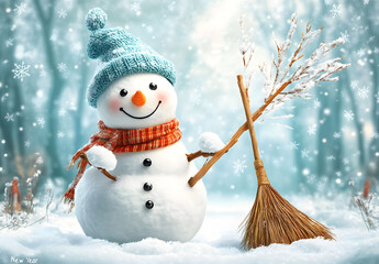 A happy snowman standing in a snowy landscape, wearing a red Santa hat and scarf, holding a broom, with white trees and falling snowflakes in the background.