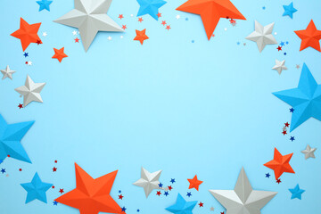 Frame of USA flag stars with confetti on blue background. Happy Independence Day 4th of July,...