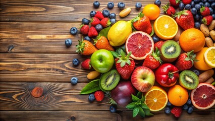 Fresh assortment of colorful fruits on a wooden table, fresh, fruits, colorful, assortment,...