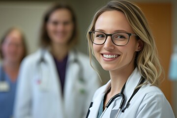 Fototapeta premium Cheerful woman physician posing with medical team in hospital