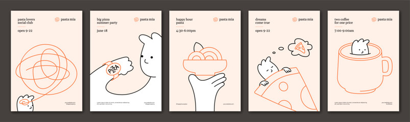 Pasta and pizza poster set. Cute cartoon character food illustration. Vector noodle ramen design concept. Spaghetti banner background. Templates for italian, asian, chinese, restaurant, cafe, pizzeria
