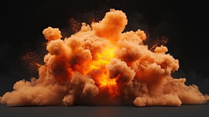 A large orange explosion with flames and smoke isolated on a black background.