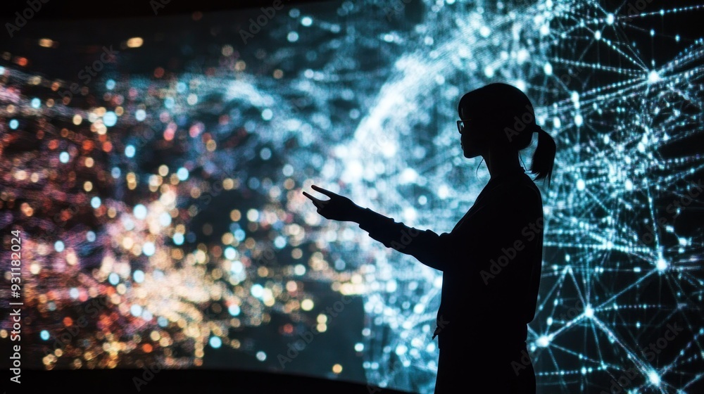Poster Silhouette of a Person Interacting with a Digital Network Display
