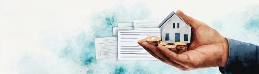 Hand holding coins, loan documents in background, successful funding, watercolor style