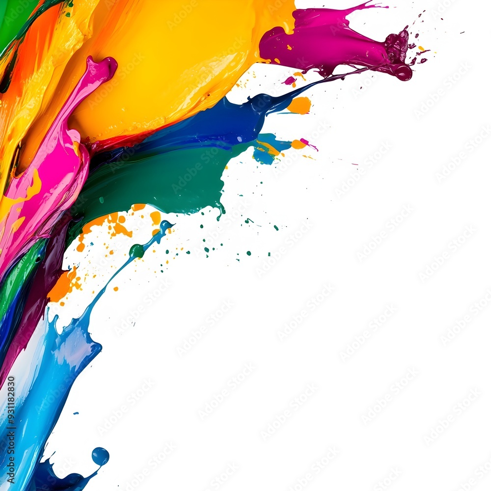 Poster vibrant and dynamic abstract paint splashes with bold blended colors that create an energetic sponta