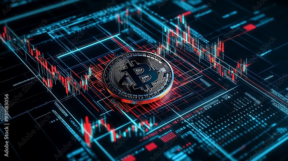 Aufkleber tilted perspective of a digital stock ticker showing fluctuating cryptocurrency values, surrounded b