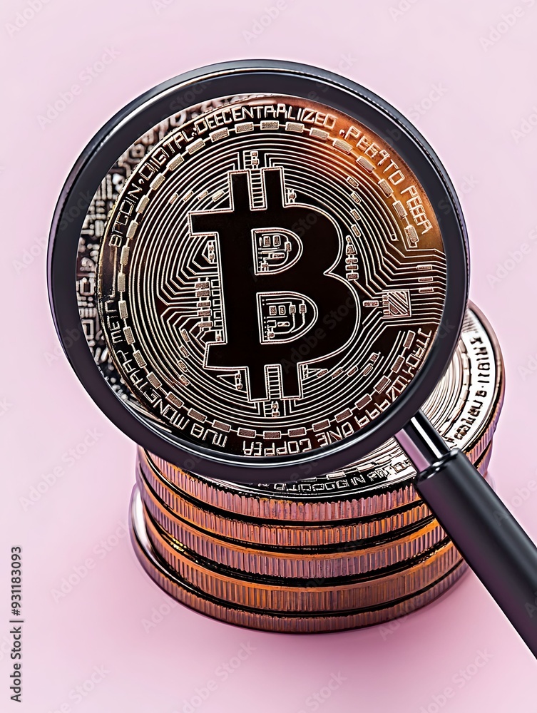 Poster isolated on a pastel background, a stack of cryptocurrency coins with a magnifying glass highlightin