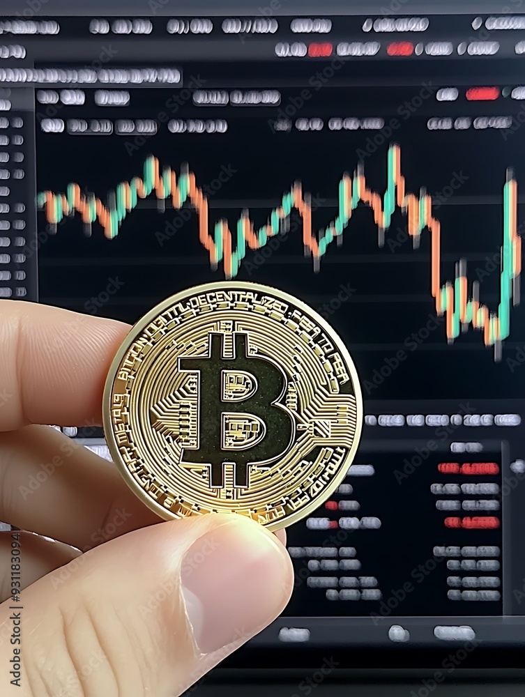 Poster first-person view of a hand holding a physical cryptocurrency coin in front of a screen displaying l