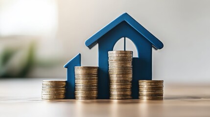 Red Upward arrow on money coin stack as growth graph steps in home shape symbol,Savings, income, home investment, real estate price value, property profit concepts,the rising price of real estate.