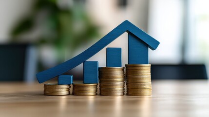 Red Upward arrow on money coin stack as growth graph steps in home shape symbol,Savings, income, home investment, real estate price value, property profit concepts,the rising price of real estate.