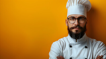 Chef in Uniform Poses in Bright Marigold Colored Studio for Professional Culinary Portrait