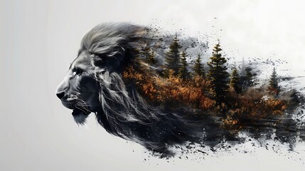 Fototapeta premium A lion mid-roar, its mane intertwined with the golden grasses and Acacia trees of the African savannah in a double exposure effect, set against a white background.