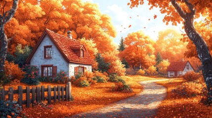 Autumn Cottage Illustration with Path and Red Roof