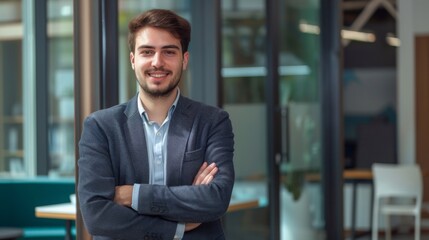 Fototapeta premium Smiling handsome businessman with crossed arms in modern office, young man exuding confidence, business success concept.