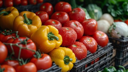 Fresh vegetables stacked at a farmer's market during a sunny afternoon