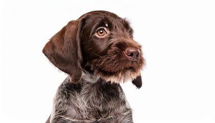 Fototapeta premium 笑顔のジャーマン・ワイアーヘアード・ポインターの子犬のポートレート（Portrait of a smiling German Wirehaired Pointer puppy on white background） 
