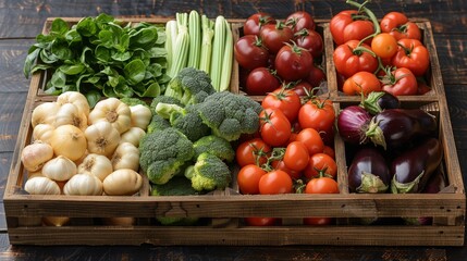 Fresh assortment of vegetables in a wooden crate on a rustic table