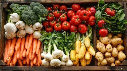 Fresh vegetables arranged in a wooden crate at a local market during the daytime