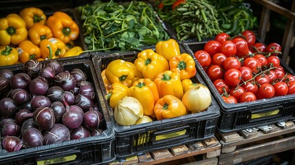 Colorful assortment of fresh vegetables at a local market in the afternoon