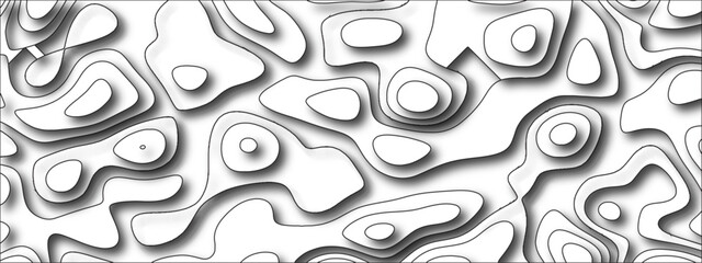 Black and white abstract papercut and multi-layer cutout geometric pattern. Vector Topographic canyon geometric map relief texture. Topographic contour lines map seamless pattern