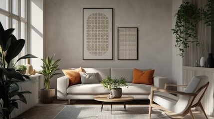 Fototapeta premium Modern Living Room with White Sofa, Geometric Art, and Plants