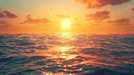Fototapeta premium A vibrant sunset over a vast, choppy ocean with golden light reflecting on the waves.