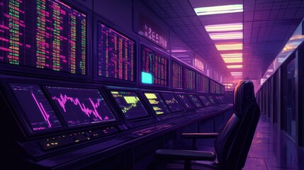 Neon-Lit Control Room with Monitors Displaying Data and Charts