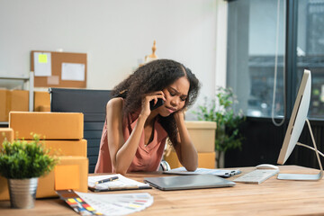 Small online business owner, stressed and headache-ridden woman dealing with online sales losses.