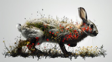 A rabbit in mid-hop, its silhouette filled with the imagery of a colorful spring meadow and blooming wildflowers, set against a clean white background in a double exposure style.