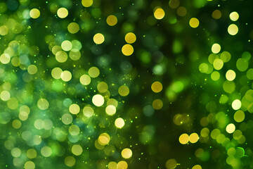Obraz premium Abstract glitter lights and confetti on emerald background. Festive backdrop for holiday or event. St. Patrick or Christmas background.