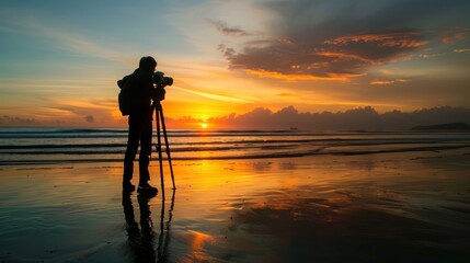 A silhouette of a photographer capturing a sunset on a beach, highlighting the beauty of natural light in photography. - Powered by Adobe