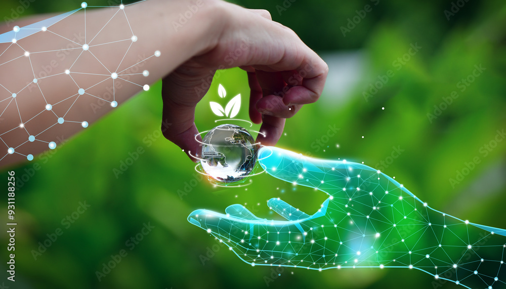 Poster human hands and ai robot hands holding the planet earth. artificial intelligence machine learning he